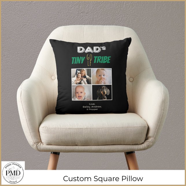 Dads Tiny Golf Tribe Custom Vaderdag 4 Foto Kussen (Dad's Tiny Golf Tribe Custom Fathers Day 4 Photo Square Throw Pillow with Children's Names, Photos.)