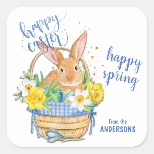 Daffodil and Blue Gingham Easter Bunny Basket Vierkante Sticker (Voorkant)