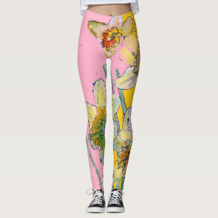 Daffodil Aquarelle Fleur Pink Leggings floraux