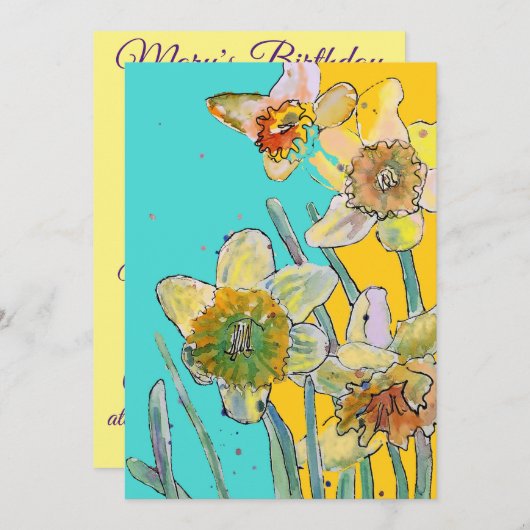 Daffodil Art Aquarelle Invitation Anniversaire (Devant / Derrière)