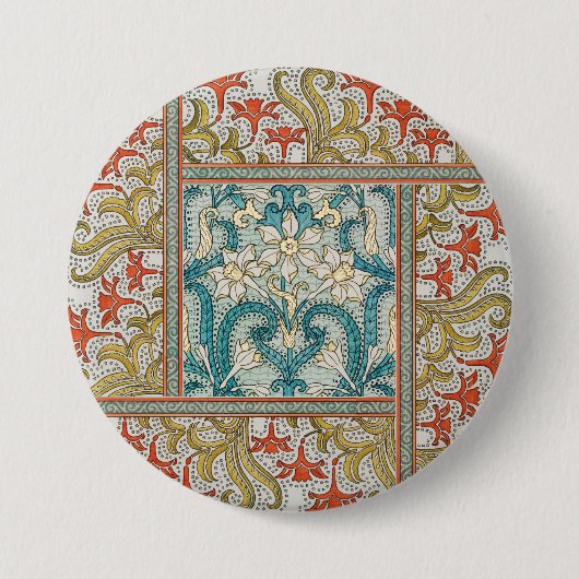 Daffodil chintz art nouveau bloem behang ronde button 7,6 cm (Voorkant)