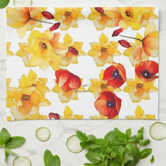 Daffodil en klaprozen theedoek (Gevouwen)