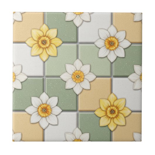 Daffodil Floral Tile Pattern Tegeltje (Voorkant)