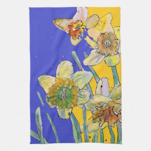 Daffodil Flower Floral Spring Waterverf Navy Theedoek