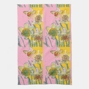 Daffodil Flower Floral Spring Waterverf Pink Tea Theedoek