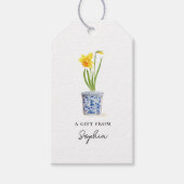 Daffodil in blauwe en witte pot cadeaulabel (Voorkant)