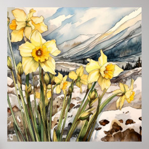 Daffodil Onder Sneeuwmuur Kunst, Bloemenplein Poster