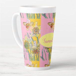 Daffodil Waterverf Geel Roze florale mu Latte Mok
