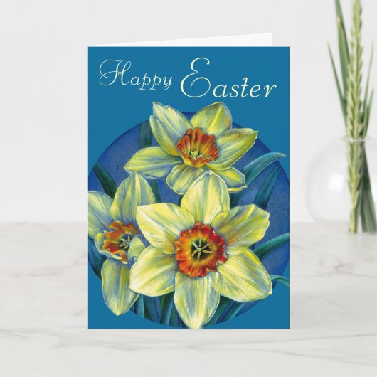 Daffodiles "Bonne Pâques" Carte jaune et bleue (Devant)