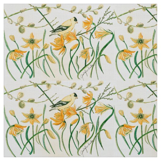 Daffodiles et Goldfinches Tissu (Échantillon)