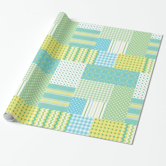 Daffodils Faux Patchwork Polkas ChecFlorals Cadeaupapier (Uitgerold)