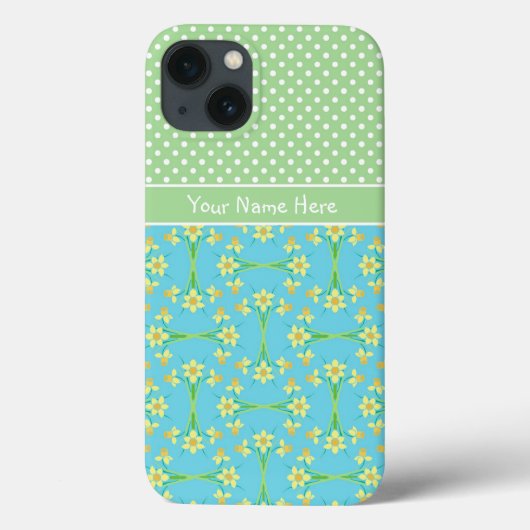 Daffodils op turkoois, witte polka's op zacht groe Case-Mate iPhone case (Achterkant)