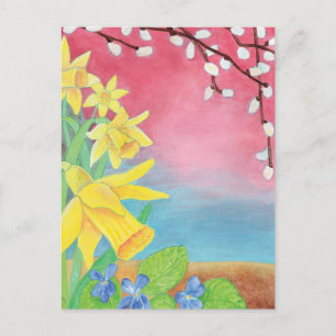 Daffodils, Salix caprea en Sweet violet Briefkaart
