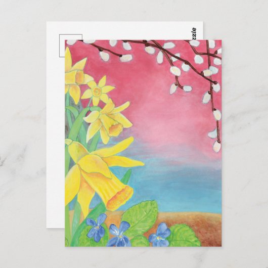 Daffodils, Salix caprea en Sweet violet Briefkaart (Voorkant / Achterkant)