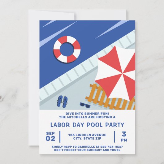 Dag van de Arbeid Pool Party Rood Wit & Blauw Kaart (Voorkant)