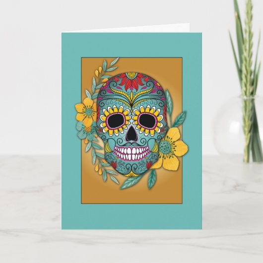 Dag van de Dode Blauwgroen en goudsbloem Skull and Kaart (Voorkant)