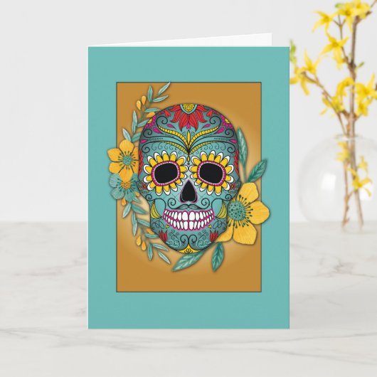 Dag van de Dode Blauwgroen en goudsbloem Skull and Kaart (Gele Bloem)