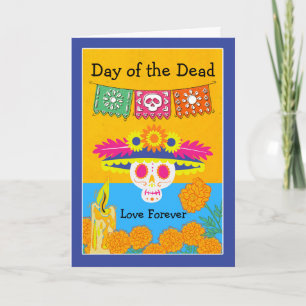 Dag van de Dode Catrina-schedel en Afrikaantjes Kaart
