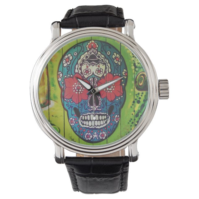 Dag van de dode funky Blue en Green Sugar Skull Horloge (Voorkant)