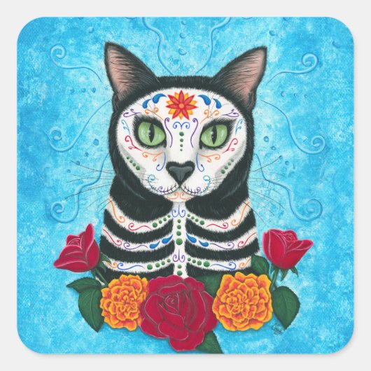 Dag van de dode katachtige suikerkletkunst vierkante sticker (Voorkant)