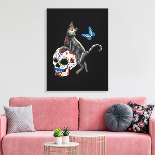 Dag van de dode kattensuikerschedel en vlinder canvas afdruk (Insitu (Woonkamer))