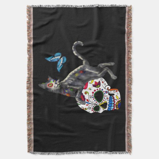 Dag van de dode kattensuikerschedel en vlinder deken (Voorkant Verticaal)