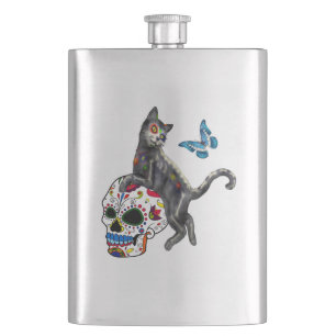 Dag van de dode kattensuikerschedel en vlinder flacon