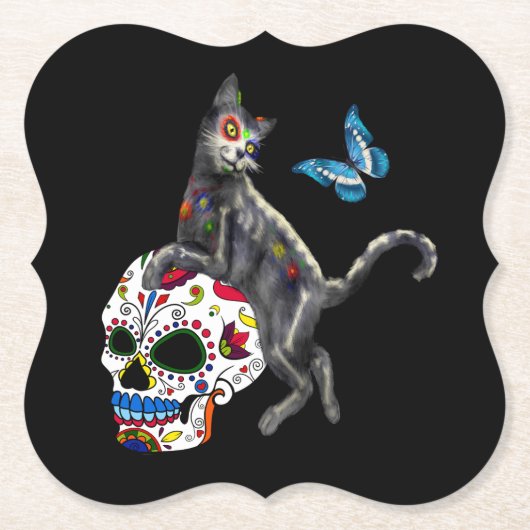 Dag van de dode kattensuikerschedel en vlinder kartonnen onderzetters (Voorkant)