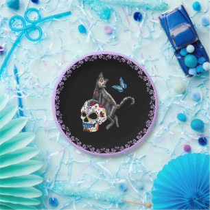 Dag van de dode kattensuikerschedel en vlinder papieren bordje