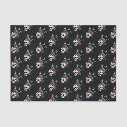 Dag van de dode kattensuikerschedel en vlinder tissuepapier (Voorkant)