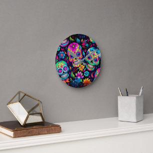 Dag van de Dode Neon Sugar Skulls Ronde Klok