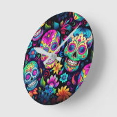 Dag van de Dode Neon Sugar Skulls Ronde Klok (Hoek)