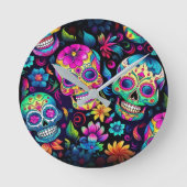 Dag van de Dode Neon Sugar Skulls Ronde Klok (Voorkant)