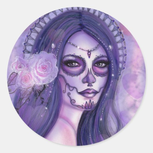 Dag van de dode paarse rozen en vlinders Renee Ronde Sticker (Voorkant)