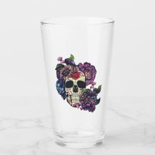 Dag van de dode schedel met bloemen glas