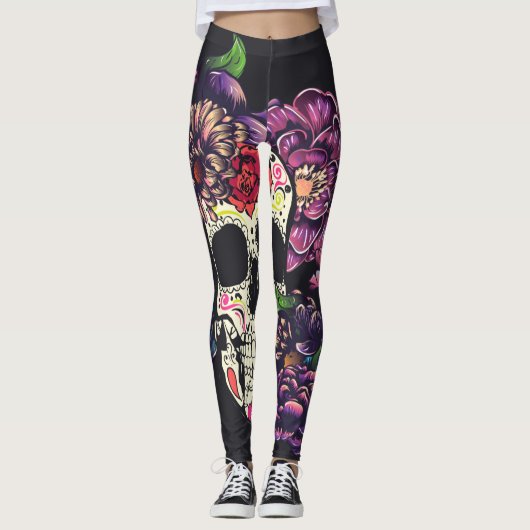 Dag van de dode schedel met bloemen leggings (Voorkant)