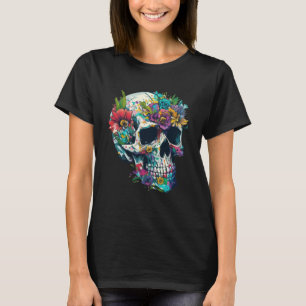Dag van de dode schedel met kleurrijke bloemen t-shirt
