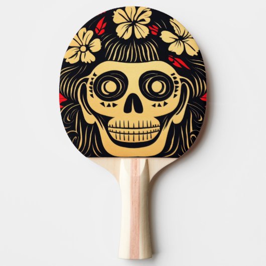 Dag van de Dode Schedel Woodcut (1) Tafeltennisbatje (Voorkant)
