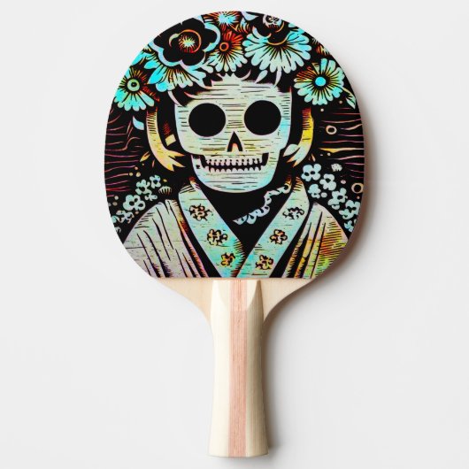 Dag van de Dode Schedel Woodcut (4) Tafeltennisbatje (Voorkant)