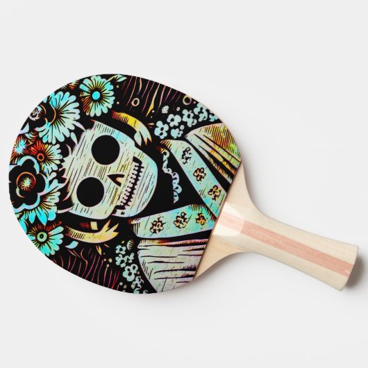 Dag van de Dode Schedel Woodcut (4) Tafeltennisbatje (Zijkant)
