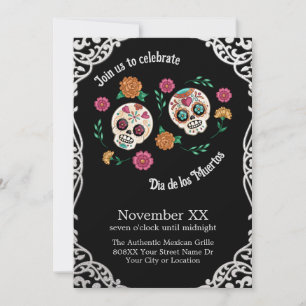 Dag van de Dode Suiker Schedels en Bloemen Zwart Kaart