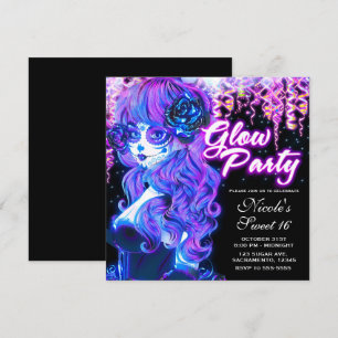 Dag van de Dode Suiker Skull Meisje Glow Neon Fees Kaart