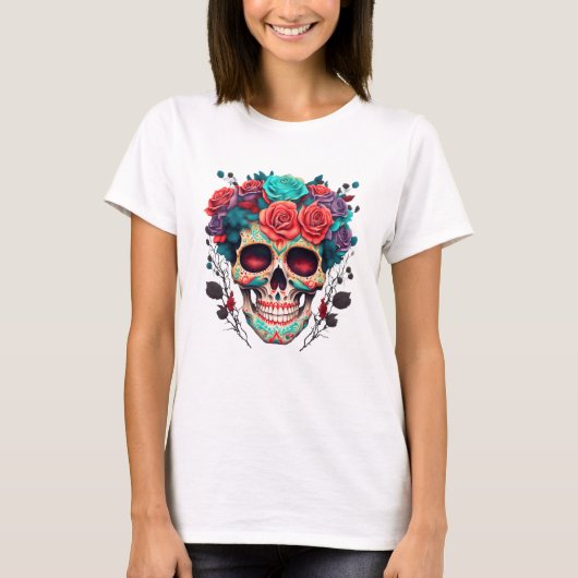 Dag van de Dode Suikerschedel Rozen T-shirt (Voorkant)