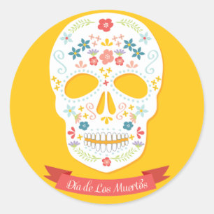 Dag van de Dode Suikerschedel stickers, geel Ronde Sticker