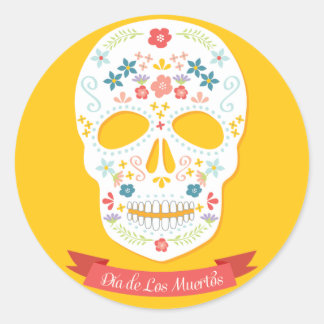 Dag van de Dode Suikerschedel stickers, geel Ronde Sticker