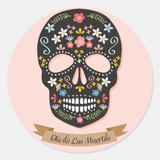 Dag van de Dode Suikerschedel stickers, zwart-roze Ronde Sticker