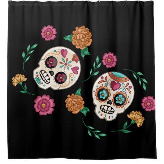 Dag van de Dode Suikerschedels en Bloemen Zwart Douchegordijn (Voorkant)