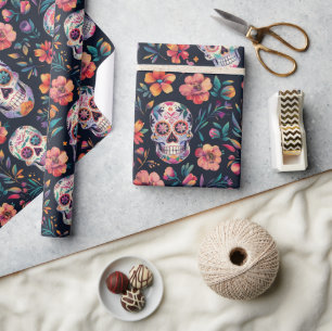 Dag van de Dode Suikerschedels met bloemen Cadeaupapier