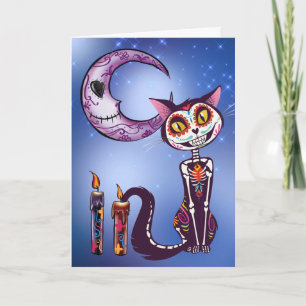 Dag van de Doden maan en kat Día de los Muertos Kaart