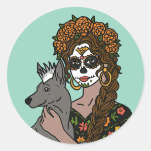 Dag van de Doden Marigold en Xolo-hond Ronde Sticker